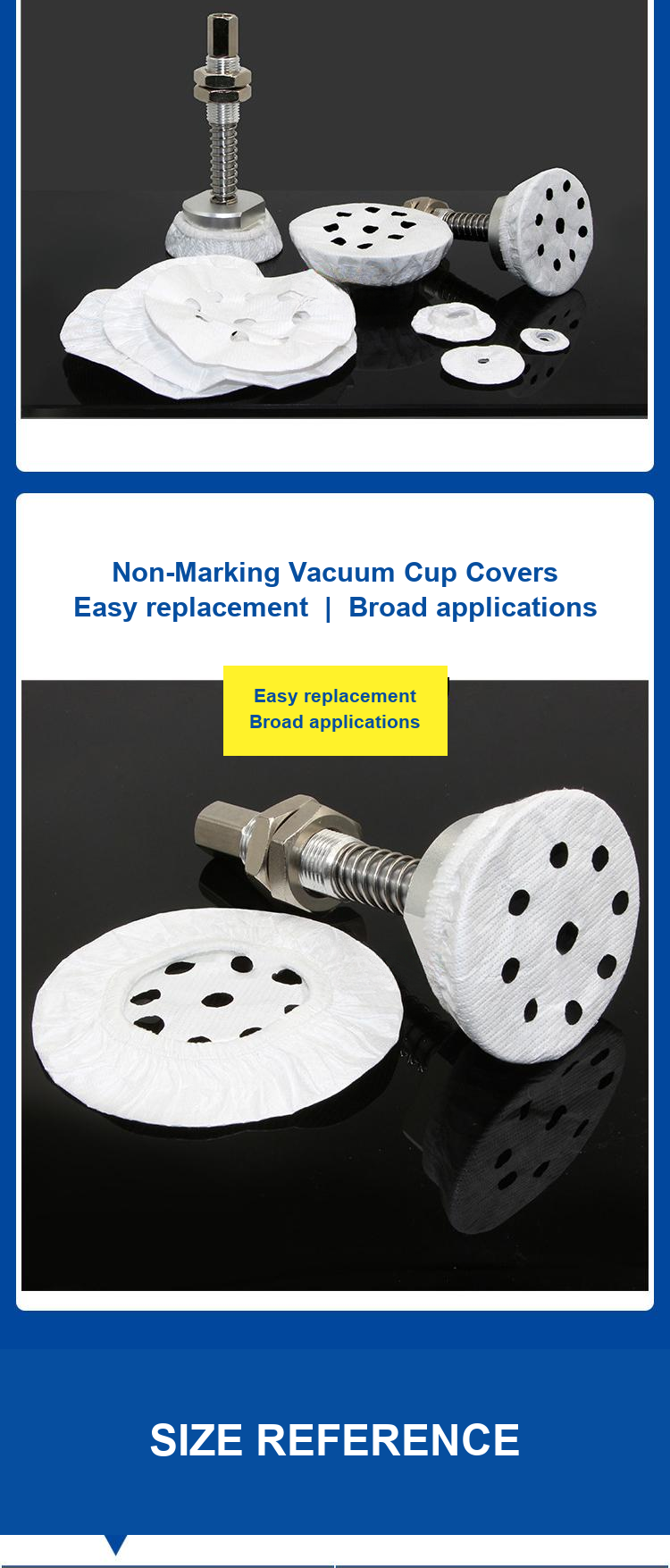 Fabric-covered vacuum cup assemblies and removable covers; cups and fittings shown for reference only