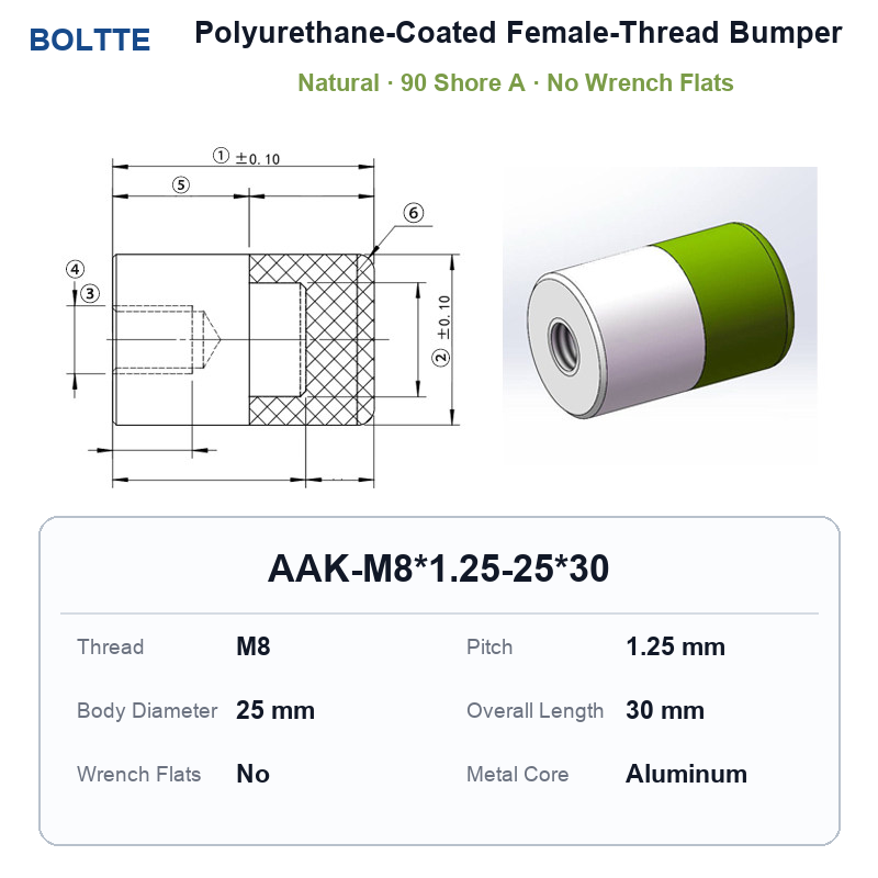 Natural 90 Shore A - M8*1.25-25*30 - Aluminum Core - No Wrench Flats polyurethane-coated female-thread bumper