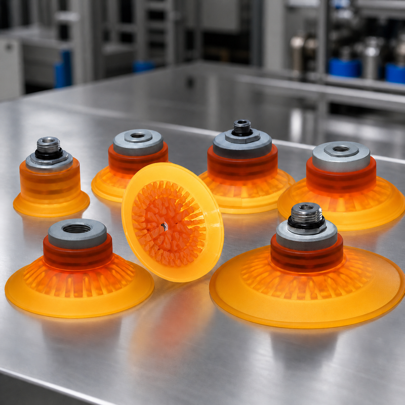 FCF polyurethane vacuum suction cups on a stainless-steel industrial workbench