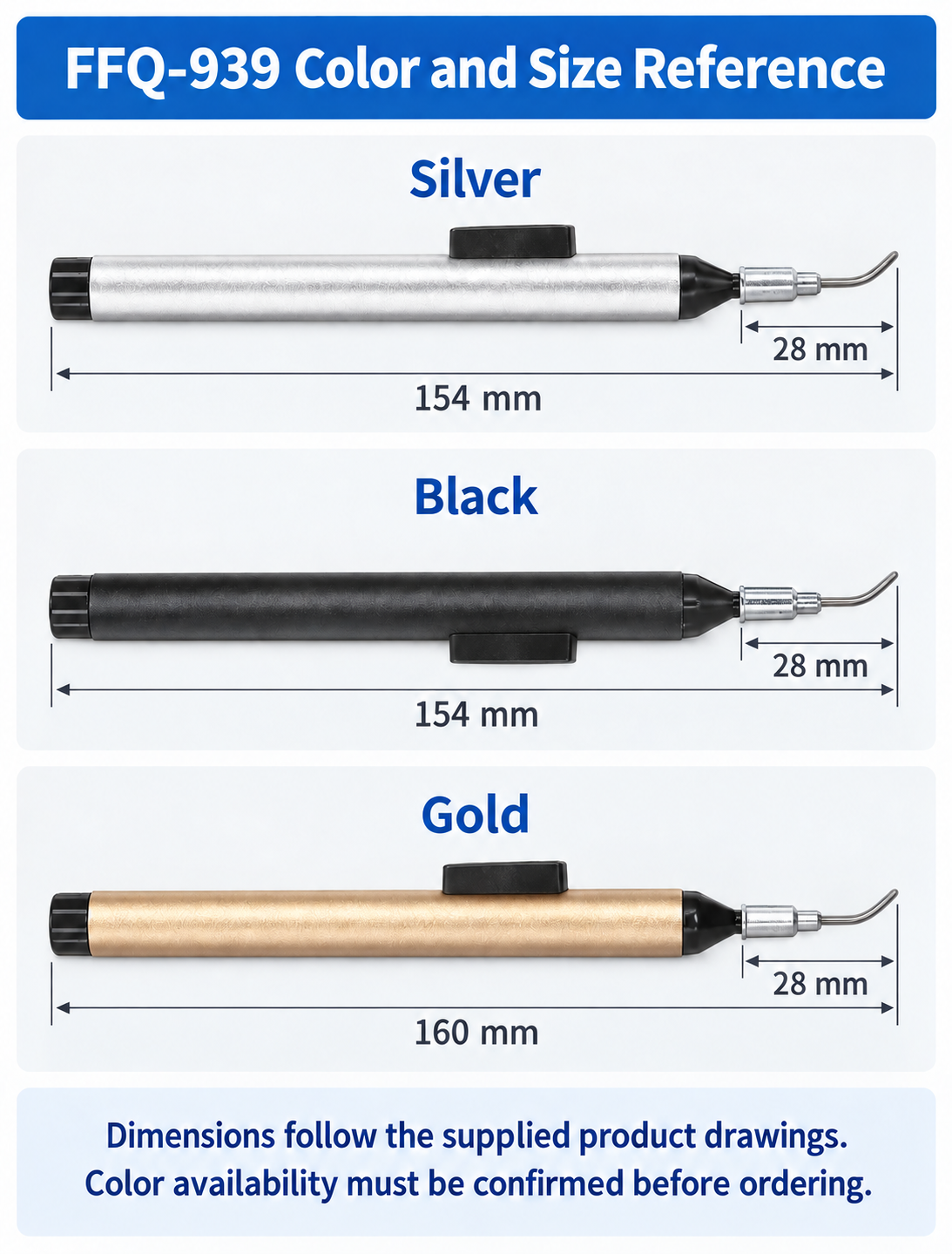 FFQ-939 silver and black 154 mm, gold 160 mm, nozzle 28 mm dimension reference