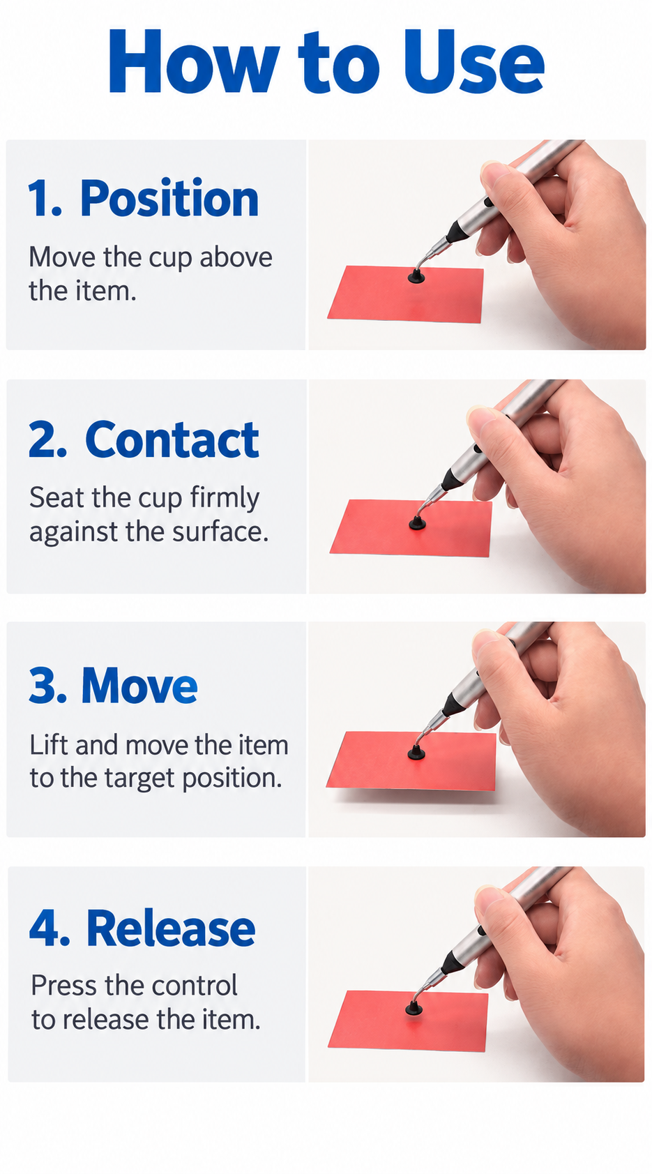 Four-step FFQ-939 manual vacuum pickup pen usage instructions