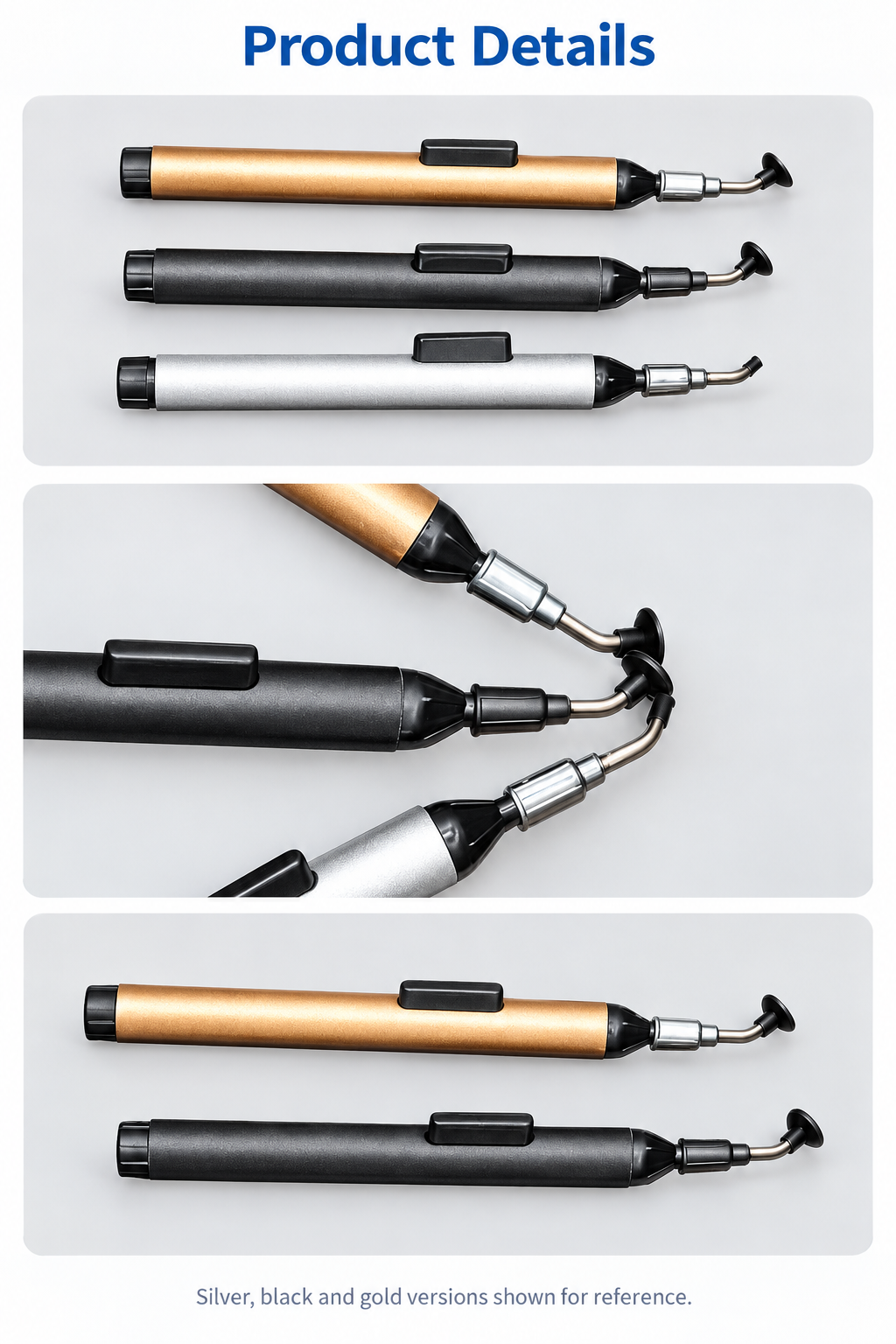 FFQ-939 silver black and gold product and nozzle detail photographs