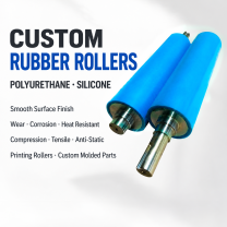 Custom blue polyurethane coated rollers with precision metal shafts