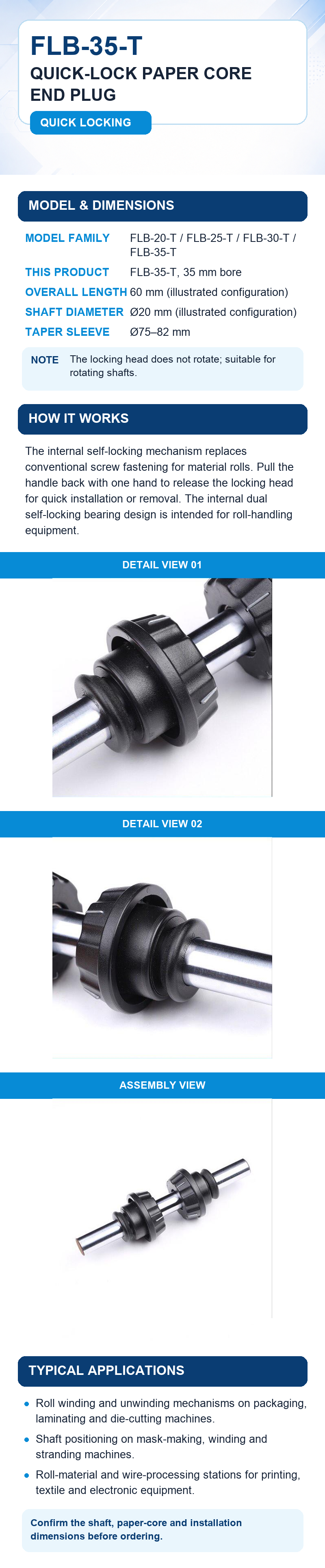FLB-35-T quick-lock paper core end plug dimensions, operation and applications