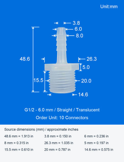 PP G1/2 Male-Thread to 6 mm Hose-Barb Straight Connectors, 10 Pieces
