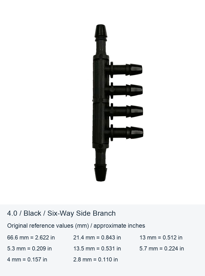 Black Plastic Six-Way Side-Branch Hose Barb Connector, 4.0 mm Model original product view 1