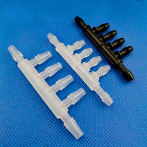 Black Plastic Six-Way Side-Branch Hose Barb Connector, 4.0 mm Model dimensions in mm and inches