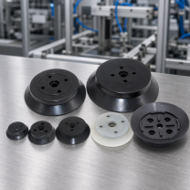 H Series heavy-duty flat vacuum suction cups on a stainless-steel industrial workbench