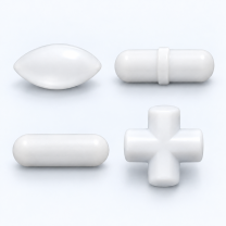 Four representative white PTFE stir bar shape choices, A olive, B pivot ring, C smooth cylindrical, E cross; not a set