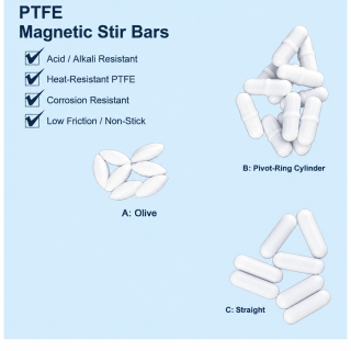 PTFE Magnetic Stir Bars, A / B / C / D Types, 3–23 mm Diameter