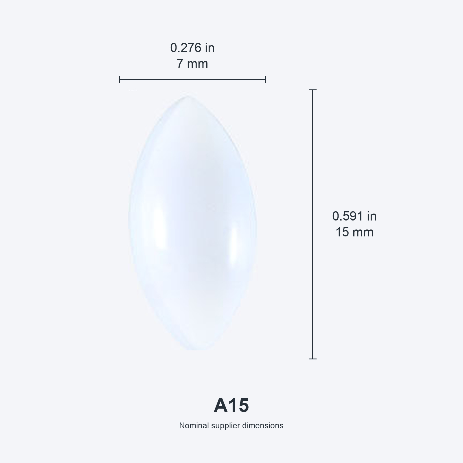 A15 / 7x15 mm (0.276x0.591 in) nominal dimensions, inches above millimeters