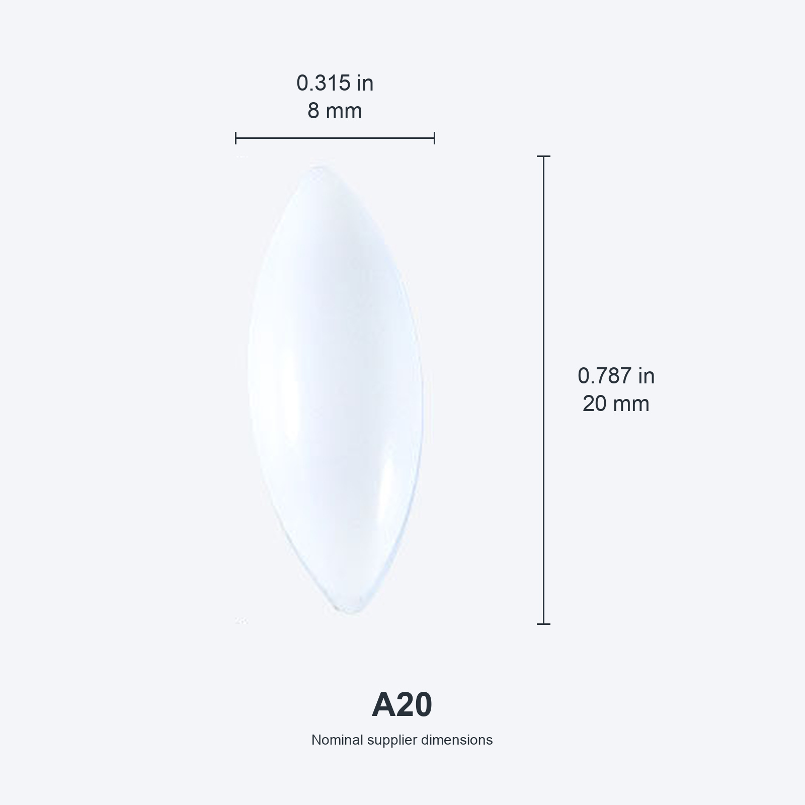 A20 / 8x20 mm (0.315x0.787 in) real photograph with nominal mm and inch dimensions