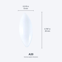 A20 / 8x20 mm (0.315x0.787 in) real photograph with nominal mm and inch dimensions
