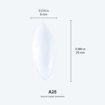 A25 / 8x25 mm (0.315x0.984 in) real photograph with nominal mm and inch dimensions