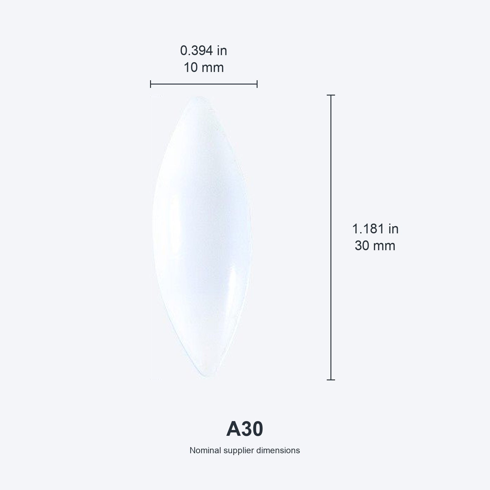 A30 / 10x30 mm (0.394x1.181 in) real photograph with nominal mm and inch dimensions
