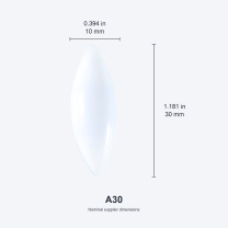 A30 / 10x30 mm (0.394x1.181 in) real photograph with nominal mm and inch dimensions