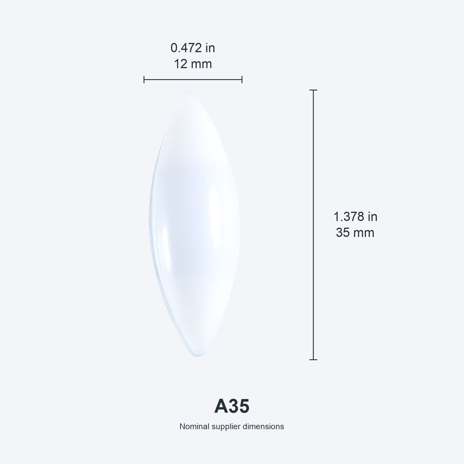 A35 / 12x35 mm (0.472x1.378 in) real photograph with nominal mm and inch dimensions