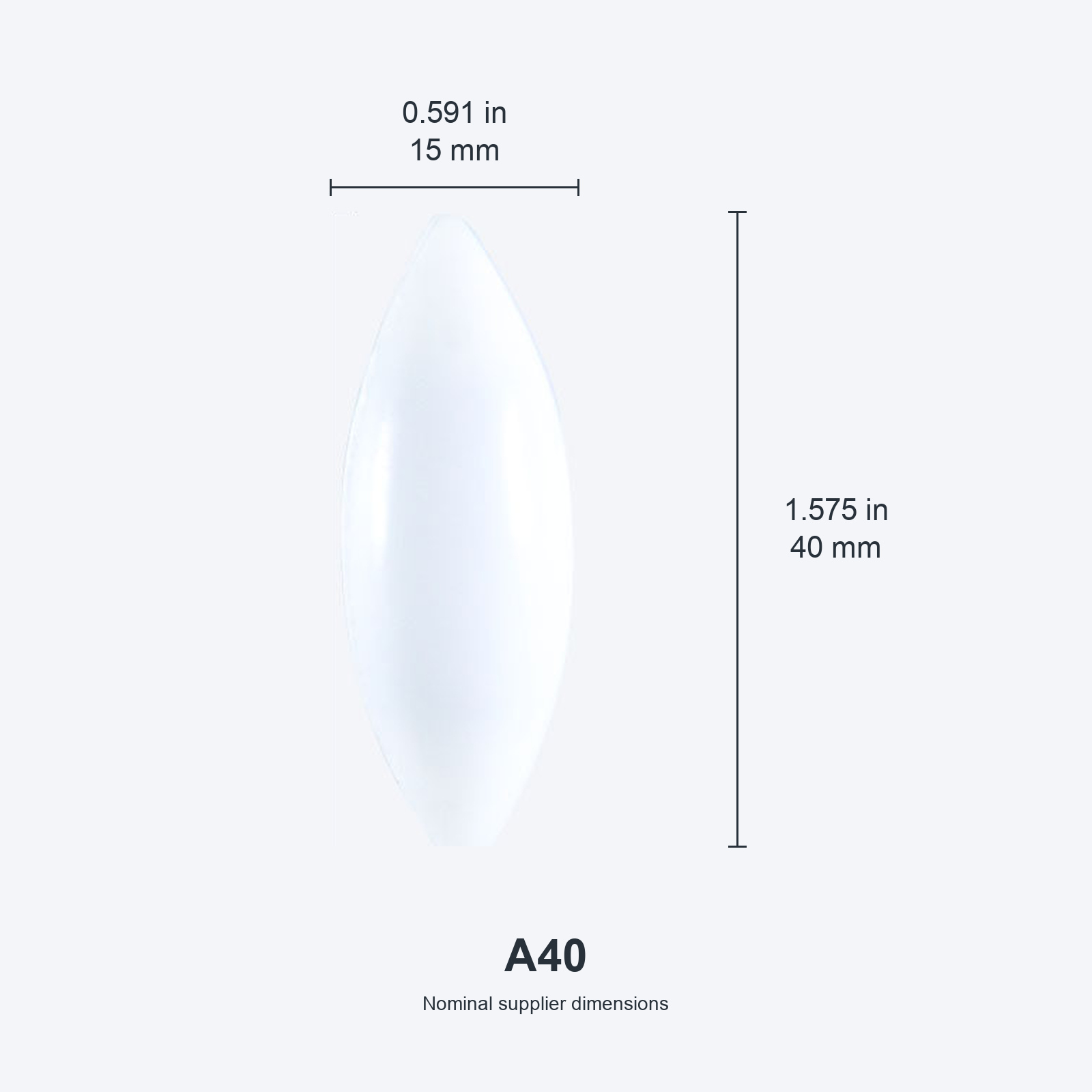 A40 / 15x40 mm (0.591x1.575 in) real photograph with nominal mm and inch dimensions