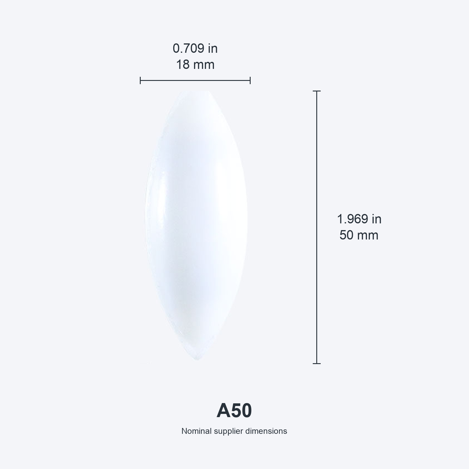 A50 / 18x50 mm (0.709x1.969 in) nominal dimensions, inches above millimeters