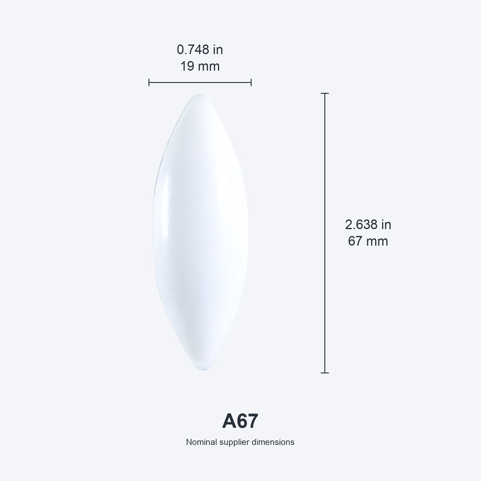A67 / 19x67 mm (0.748x2.638 in) nominal dimensions, inches above millimeters