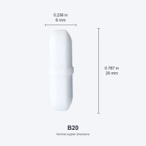 B20 / 6x20 mm (0.236x0.787 in) real photograph with nominal mm and inch dimensions