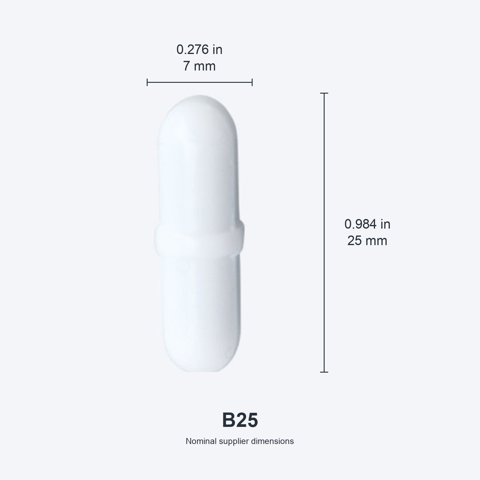 B25 / 7x25 mm (0.276x0.984 in) nominal dimensions, inches above millimeters