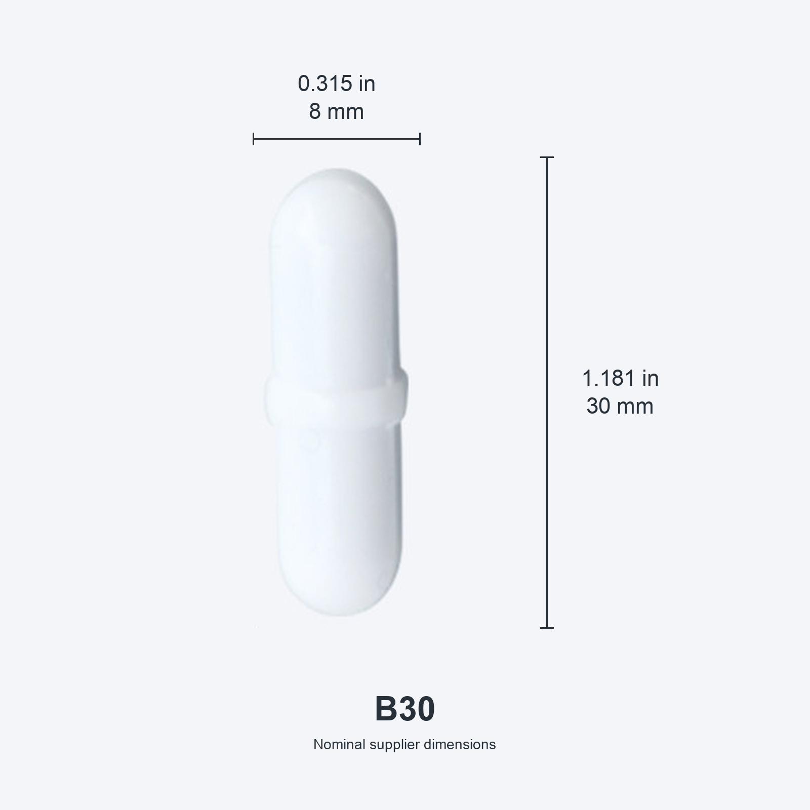 B30 / 8x30 mm (0.315x1.181 in) nominal dimensions, inches above millimeters