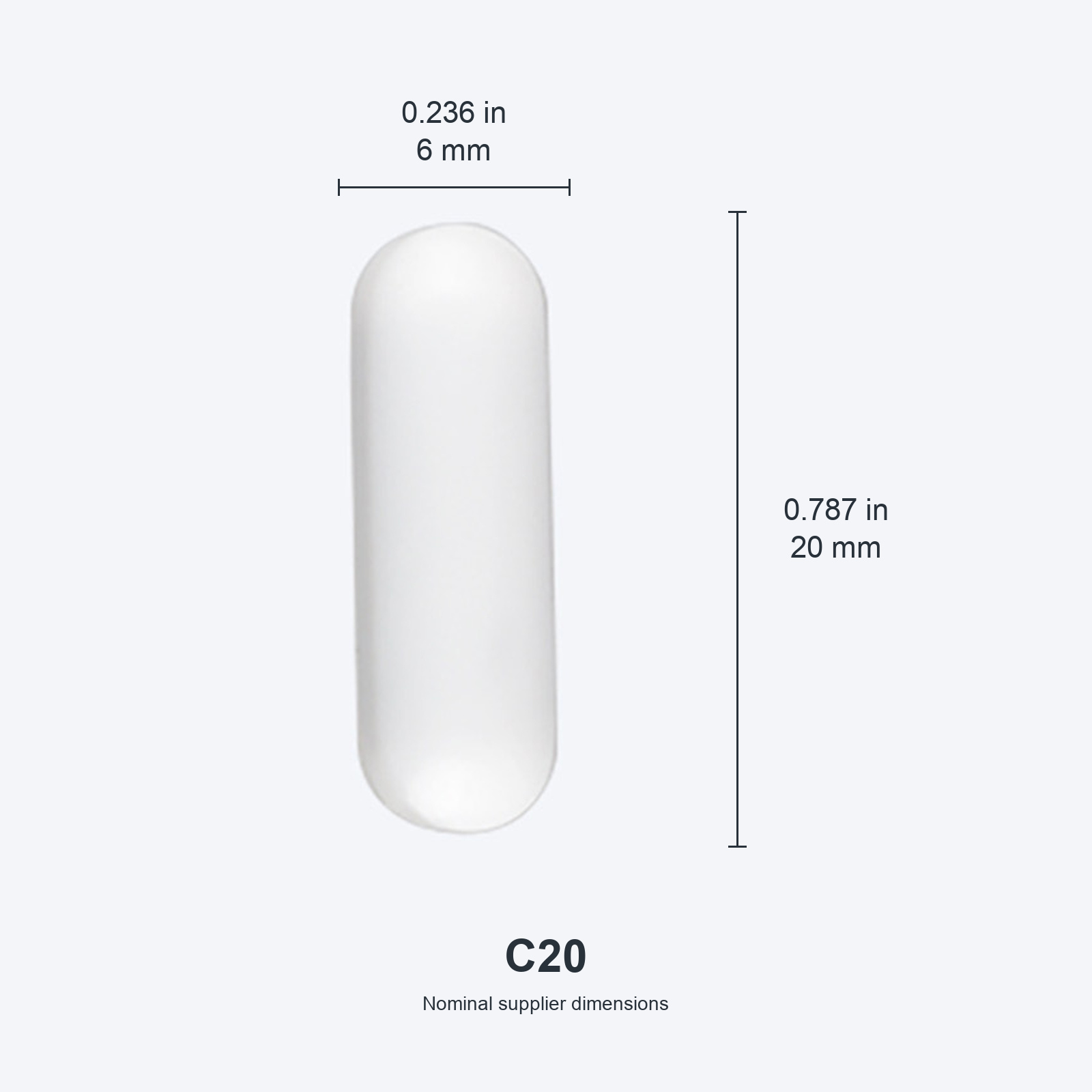 C20 / 6x20 mm (0.236x0.787 in) nominal dimensions, inches above millimeters