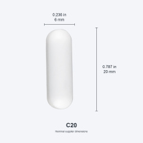 C20 / 6x20 mm (0.236x0.787 in) real photograph with nominal mm and inch dimensions