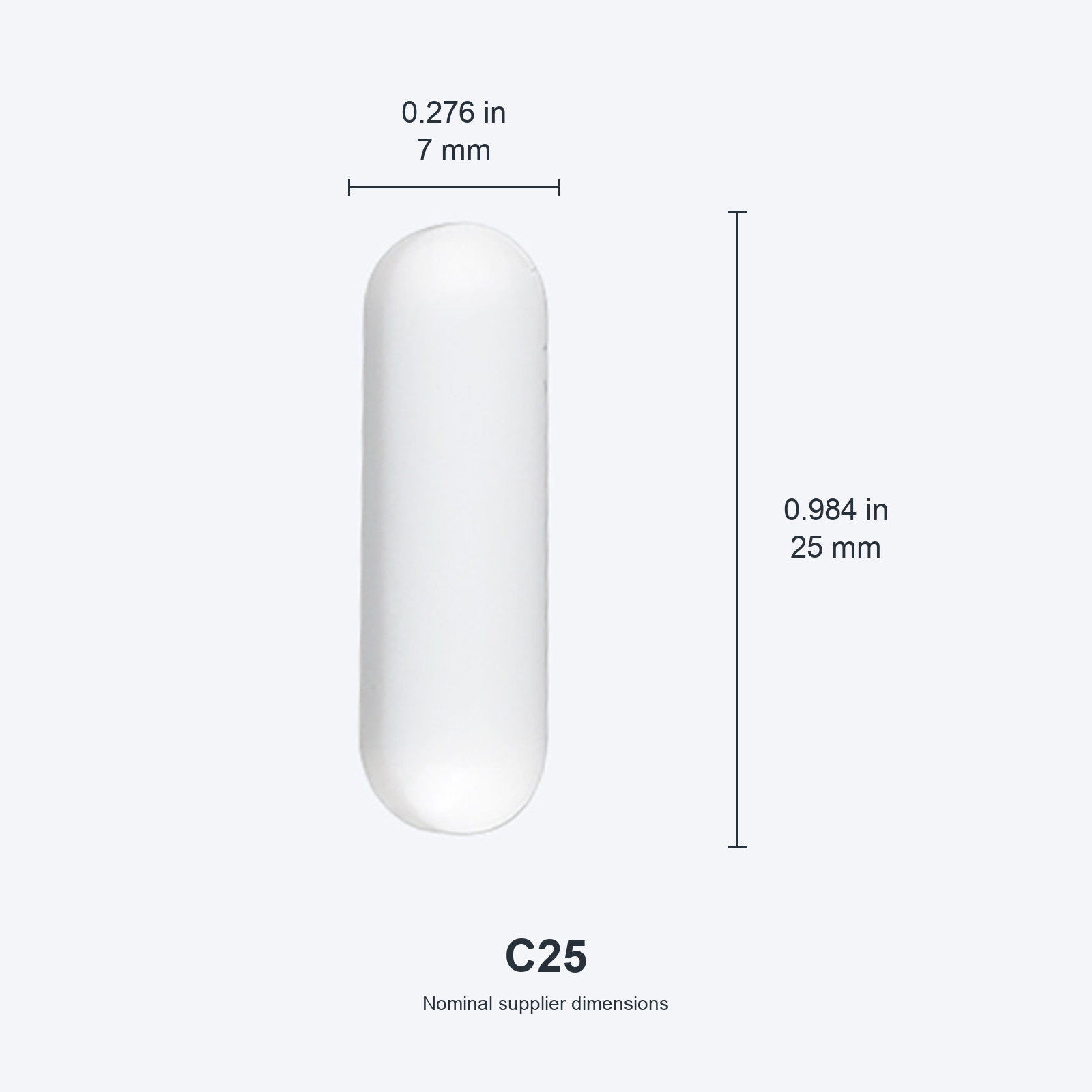 C25 / 7x25 mm (0.276x0.984 in) real photograph with nominal mm and inch dimensions