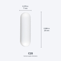 C25 / 7x25 mm (0.276x0.984 in) real photograph with nominal mm and inch dimensions