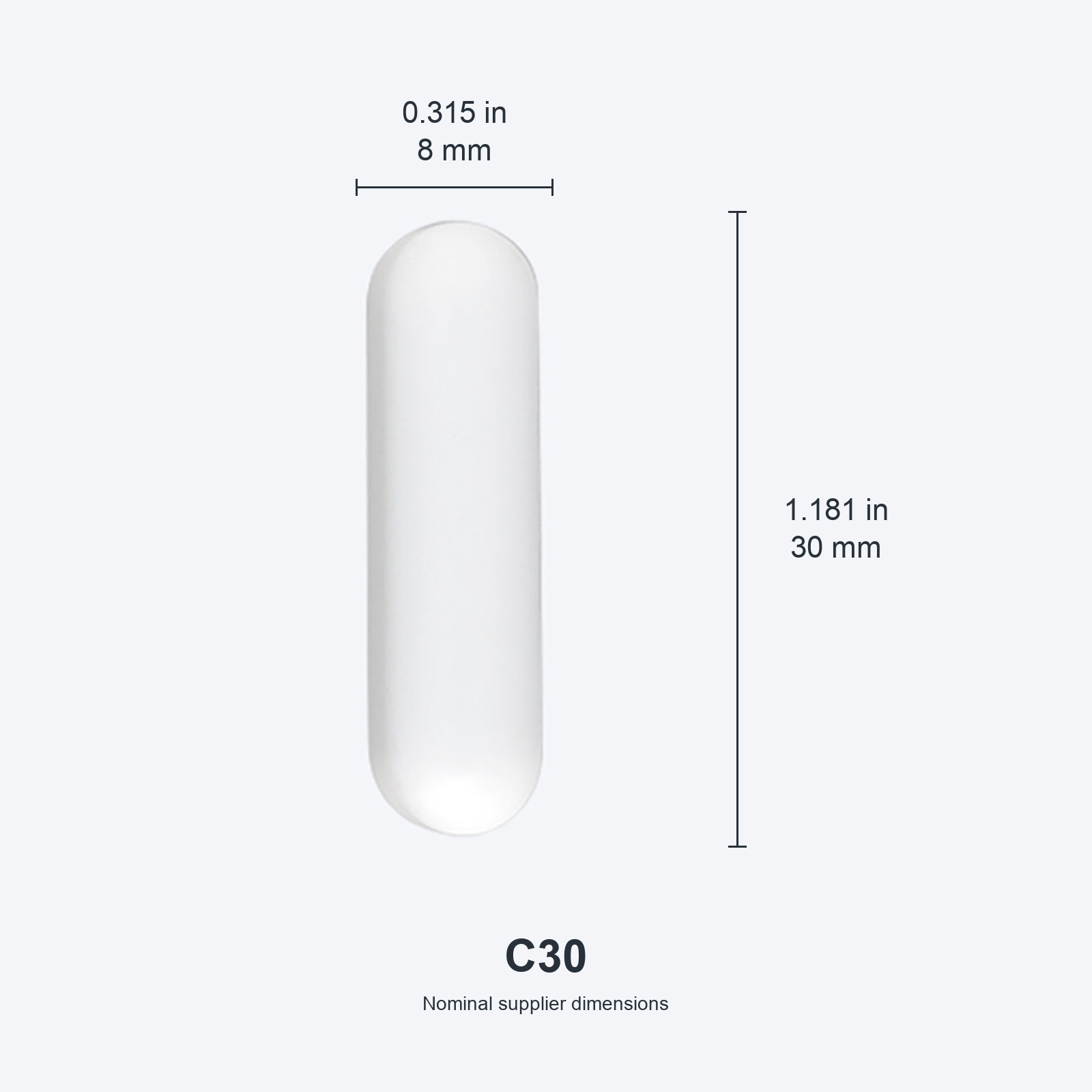 C30 / 8x30 mm (0.315x1.181 in) nominal dimensions, inches above millimeters