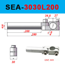 SEA-3030L200, SEA adjustable mechanical arm shaft clamp, anodized aluminum fixture, technical dimensions