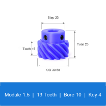 BOLTTE M1.5-Z13-B10-K4 blue nylon helical gear technical drawing