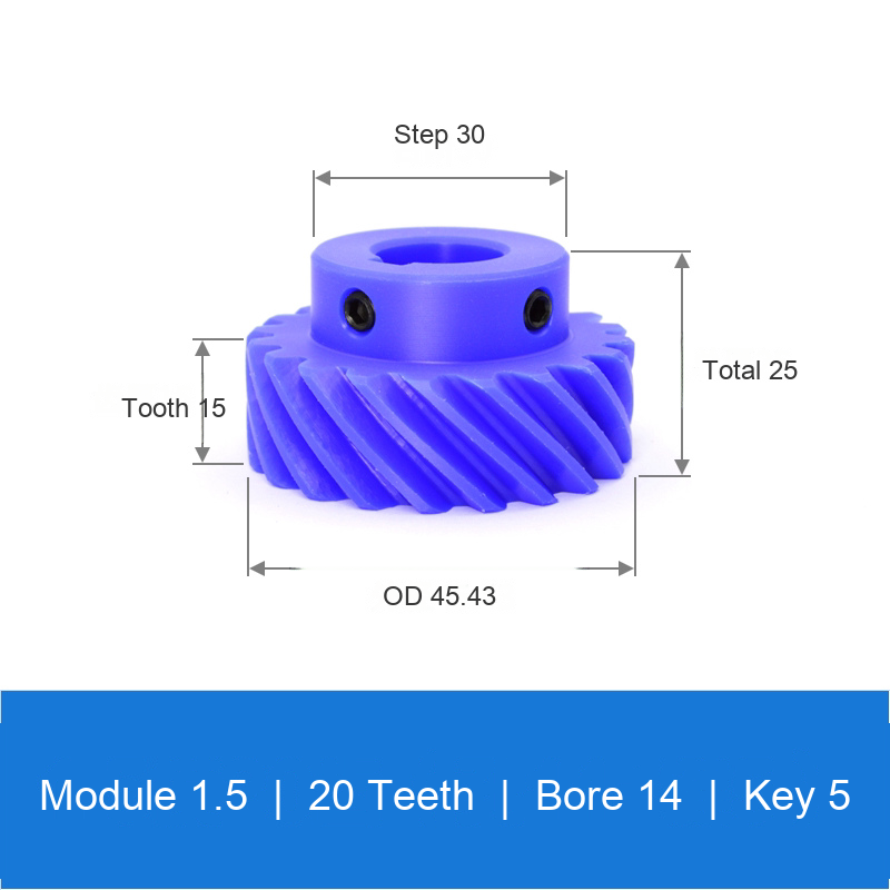 BOLTTE M1.5-Z20-B14-K5 blue nylon helical gear technical drawing