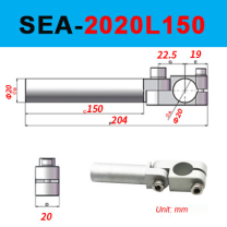 SEA-2020L150, SEA adjustable mechanical arm shaft clamp, anodized aluminum fixture, technical dimensions