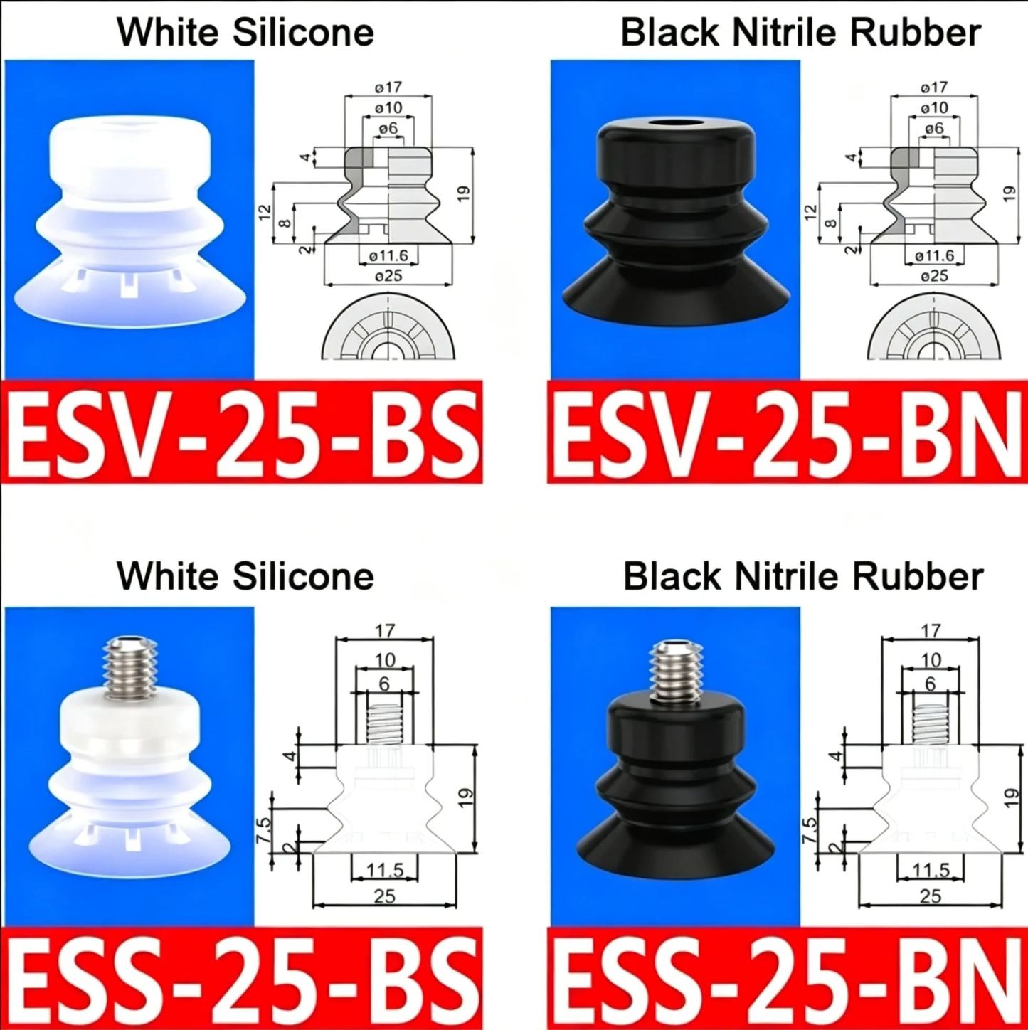 10pcs/pack ESV/ESS Series Double-layer Corrugated Vacuum Suction Cup ESS/ESV-10/15/20/25/30/40/50-BS/N-BOLTTE