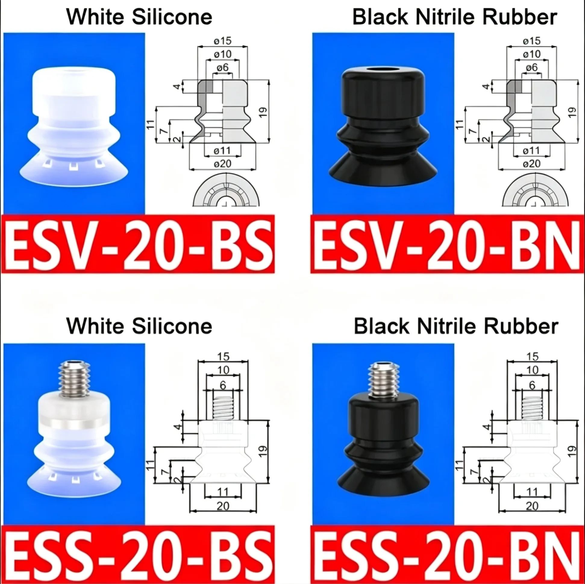10pcs/pack ESV/ESS Series Double-layer Corrugated Vacuum Suction Cup ESS/ESV-10/15/20/25/30/40/50-BS/N-BOLTTE