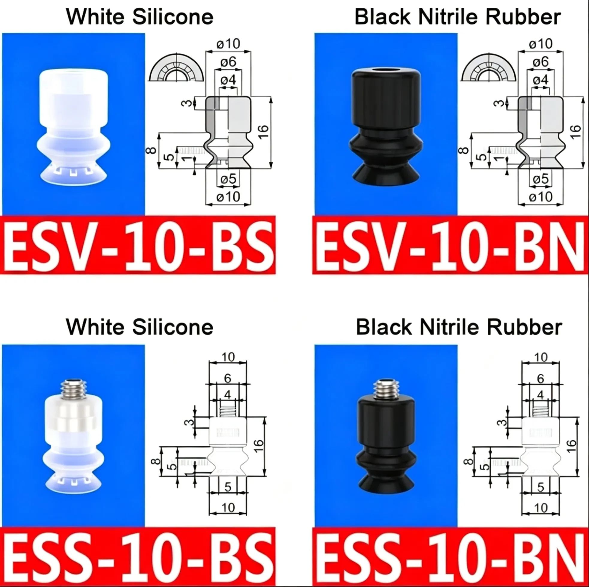 10pcs/pack ESV/ESS Series Double-layer Corrugated Vacuum Suction Cup ESS/ESV-10/15/20/25/30/40/50-BS/N-BOLTTE