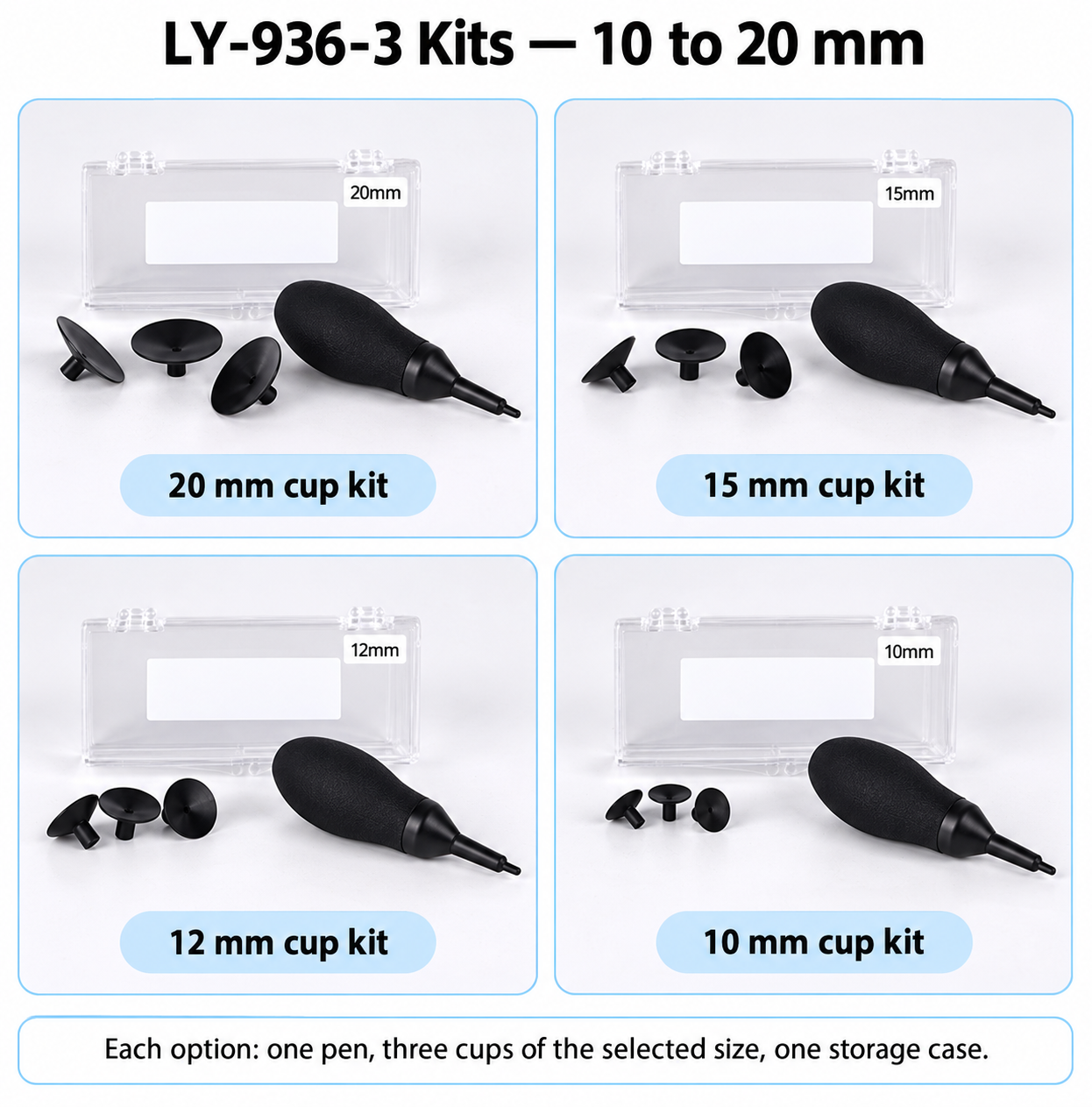 Supplied photographs of 20, 15, 12 and 10 mm LY-936-3 kits