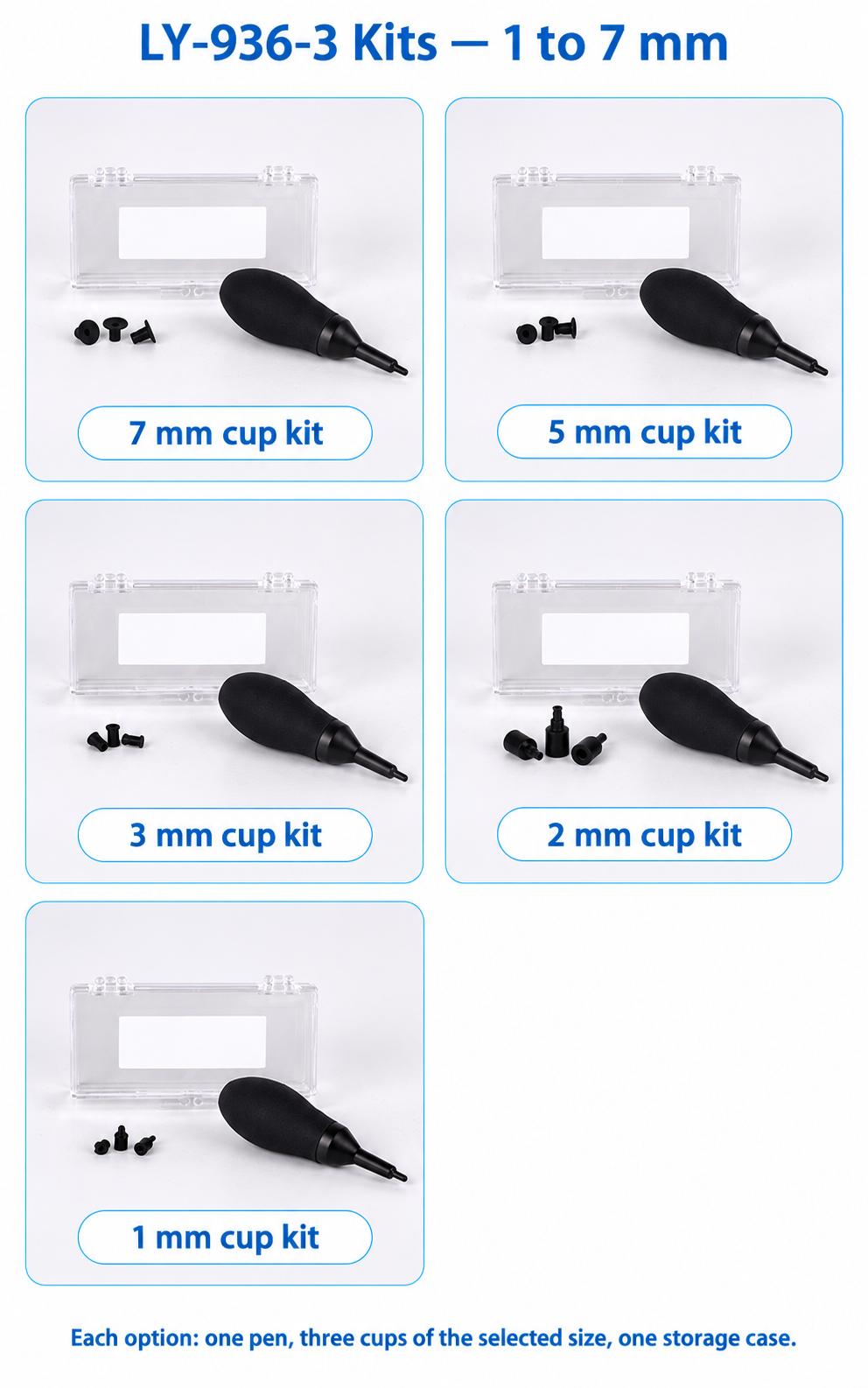 Supplied photographs of 7, 5, 3, 2 and 1 mm LY-936-3 kits