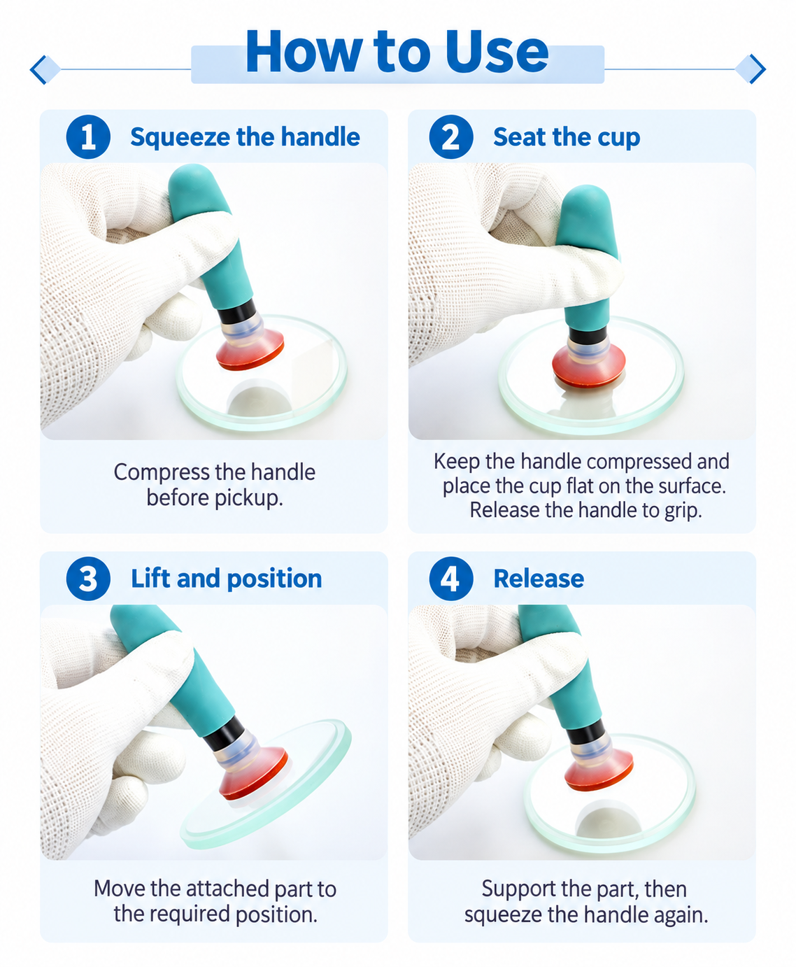 Four steps for manual vacuum pickup and release