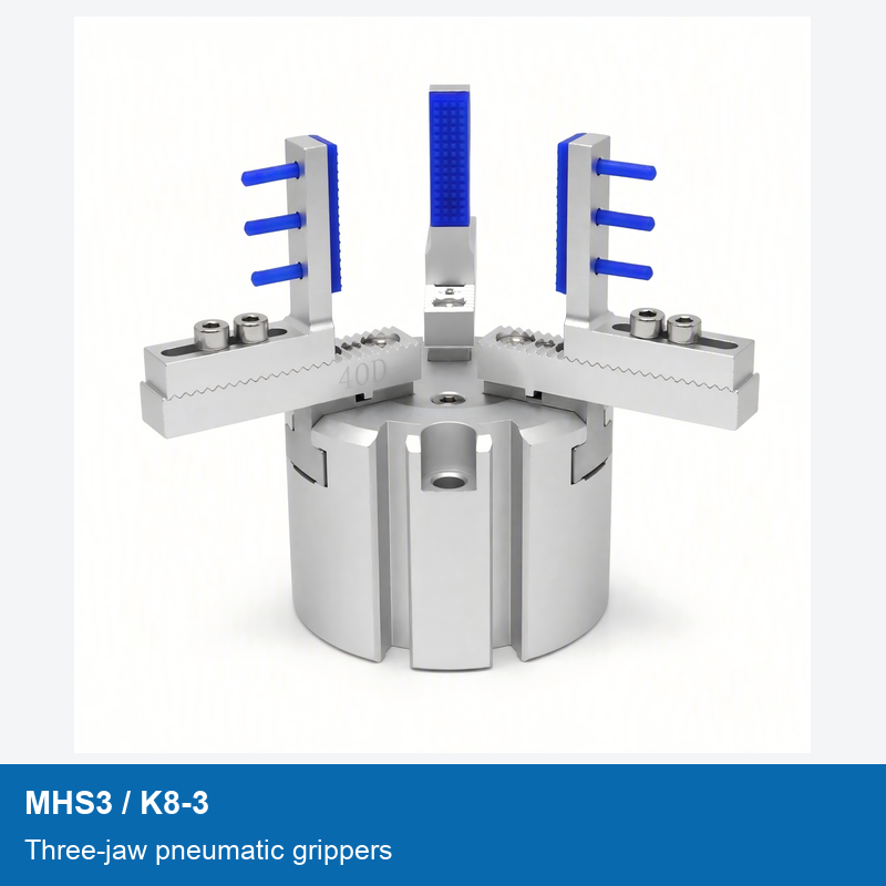 MHS3 Three-Jaw Pneumatic Grippers, K8-3 Adjustable Jaws and Bases