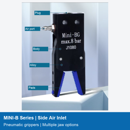 MINI-B Side-Inlet Pneumatic Grippers, Standard and Silicone-Padded Jaws