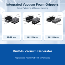 Integrated vacuum foam grippers for robot palletizing in three sizes