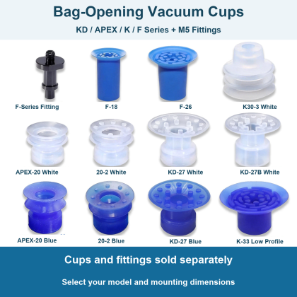 Bag-Opening Vacuum Cups and M5 Fittings, KD-27, APEX-20 and F Series