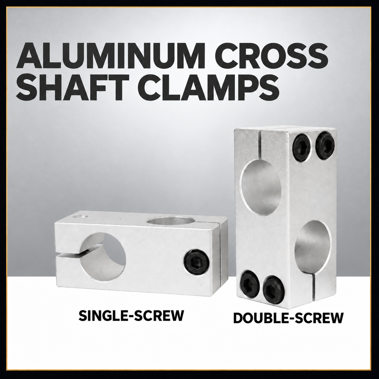 Aluminum cross shaft clamps in single-screw and double-screw configurations on a light background