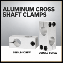 Aluminum cross shaft clamps in single-screw and double-screw configurations on a light background