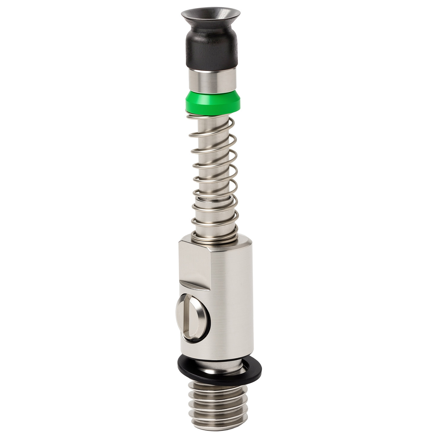 Real miniature vacuum cup assembly with black cup, green collar and stainless steel spring holder