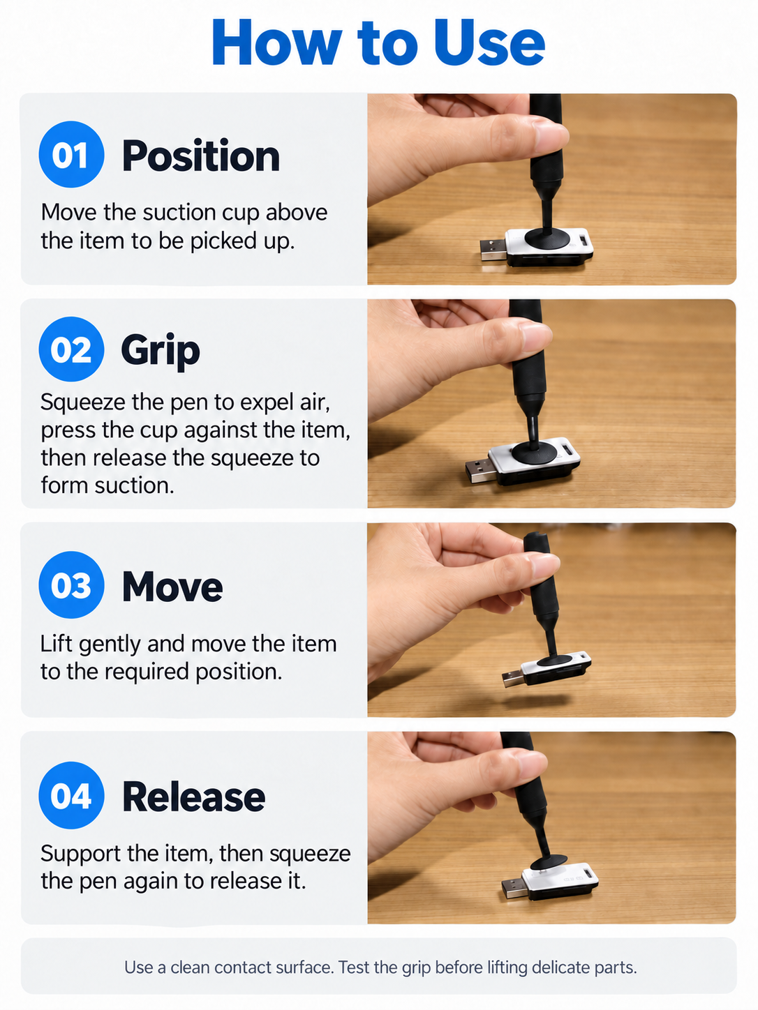 Four-step manual vacuum pickup and release instructions